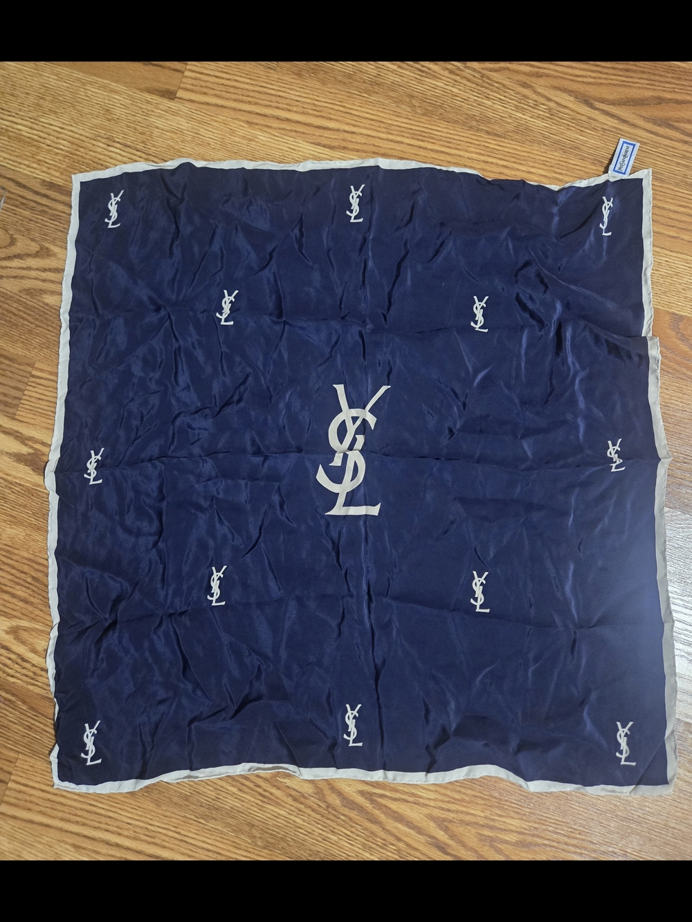 Vintage Yves Saint Laurent Navy Blue and Cream Logo Silk Scarf